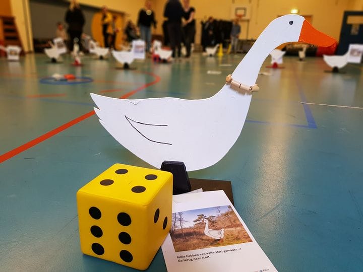 Houten gans dobbelsteen en papier met uitleg
